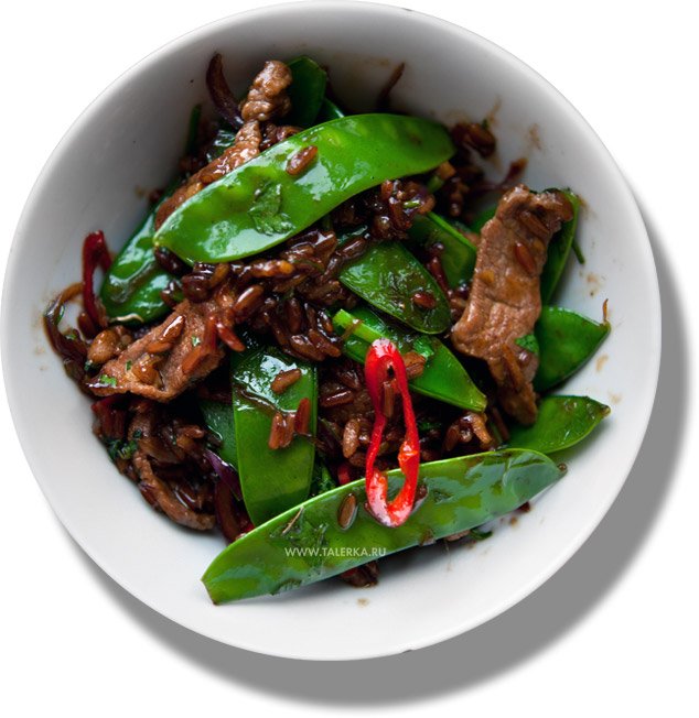 Стир фрай с бараниной, овощами и красным рисом